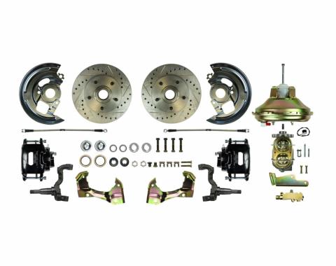 Right Stuff Power Front Stock Height Disc Brake Conversion Kit with an 11" Brake Booster & Master Cylinder, Drilled and Slotted Rotors, Black Powder Coated Calipers and Stainless Hoses for 67-69 F-Body and 68-74 Nova. AFXDC02CS