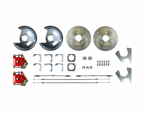 Right Stuff Rear Disc Brake Conversion Kit with Drilled & Slotted Rotors, Red Powder Coated Calipers, Stainless Hoses, E-Brake Cables & more for 68-69 F-Body and 68-74 Nova with Staggered Shocks. AFXRD05Z