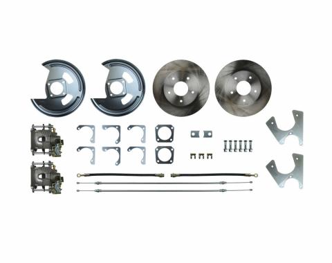 Right Stuff Rear Disc Brake Conversion Kit with Standard Rotors, Natural Finish Calipers, Hoses, E-Brake Cables & more for 68-69 F-Body and 68-74 Nova with Staggered Shocks. AFXRD05