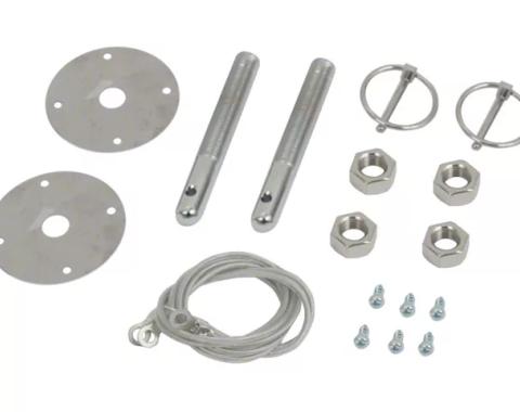 Redline Restomotive® Chrome Hood Lock Pin Kit Flip-Over Style with Lanyards