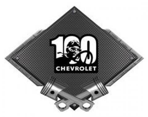 Chevrolet 100 Years Driver Metal Sign, Black Carbon Fiber, Crossed Pistons, 25 X 19