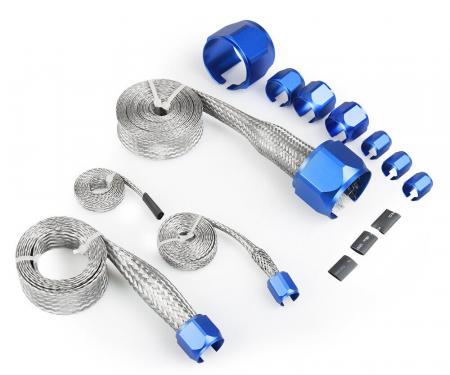 Redline Restomotive® Universal Hose Cover Kit, Stainless Steel Braided, with Blue Clamps