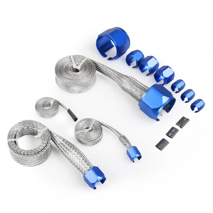 Redline Restomotive® Universal Hose Cover Kit, Stainless Steel Braided, with Blue Clamps