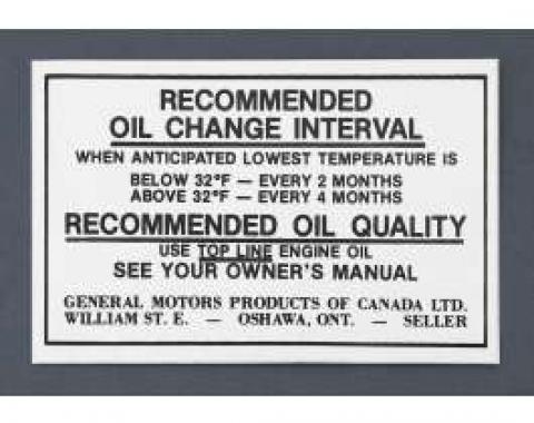 Full Size Chevy Oil Change Decal-Canada, 1970-1971