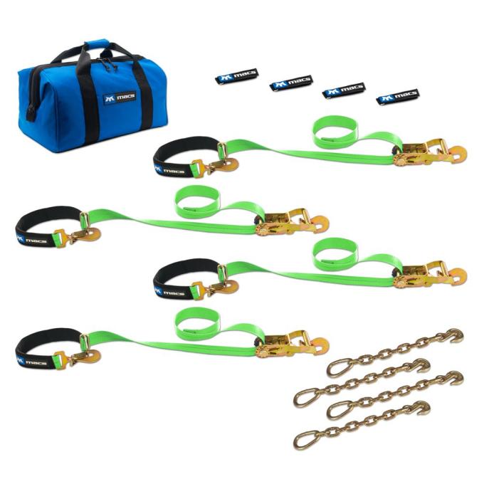 Race Ramps 2 x 6 Super Pack Tie-Down Strap Kit with Integrated Axle Straps, Direct Hook Ends & Chain Extension Ends - Lime Green 515126