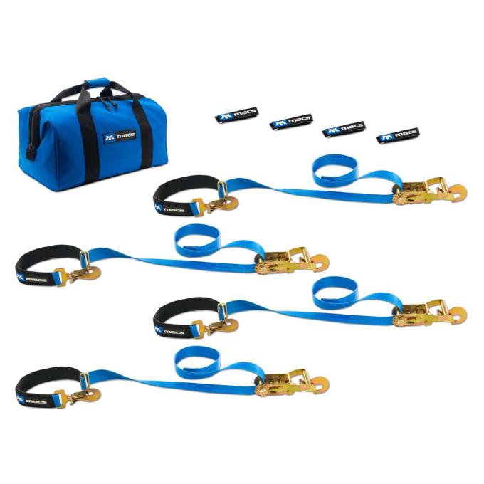 Race Ramps 2 x 8 Super Pack Tie-Down Strap Kit with Integrated Axle Straps, Direct Hook Ends - Blue 512118