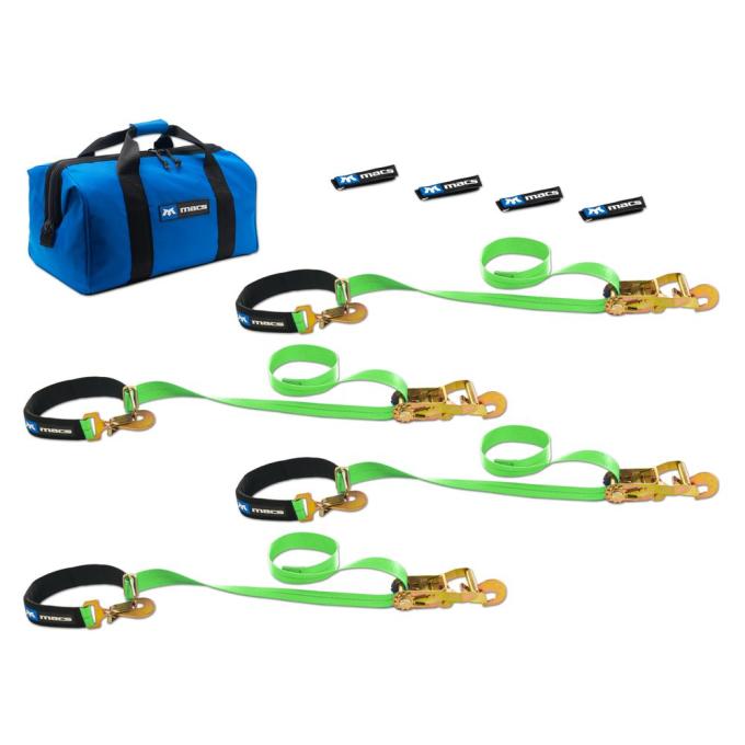 Race Ramps 2 x 8 Super Pack Tie-Down Strap Kit with Integrated Axle Straps, Direct Hook Ends - Lime Green 515118