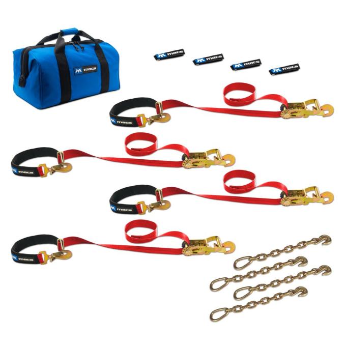 Race Ramps 2 x 6 Super Pack Tie-Down Strap Kit with Integrated Axle Straps, Direct Hook Ends & Chain Extension Ends - Red 513126