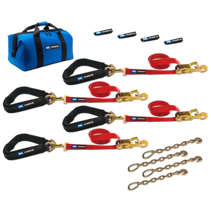Race Ramps 2 x 8 Pro Pack Premium Tie-Down Strap Kit with 40 Axle Strap, Direct Hook Ends & Chain Extensions - Red 513659