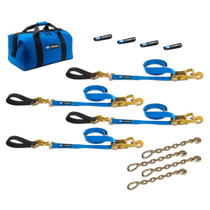 Race Ramps Two 6 & Two 8 Ultra Pack Tie-Down Straps with Detachable Axle Straps, Direct Hook Ends & Chain Extensions - Blue 512267