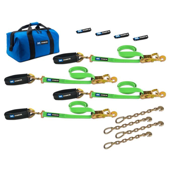 Race Ramps 2 x 6 Pro Pack Premium Tie-Down Strap Kit with 24 Axle Strap, Direct Hook Ends & Chain Extensions - Lime Green 515617