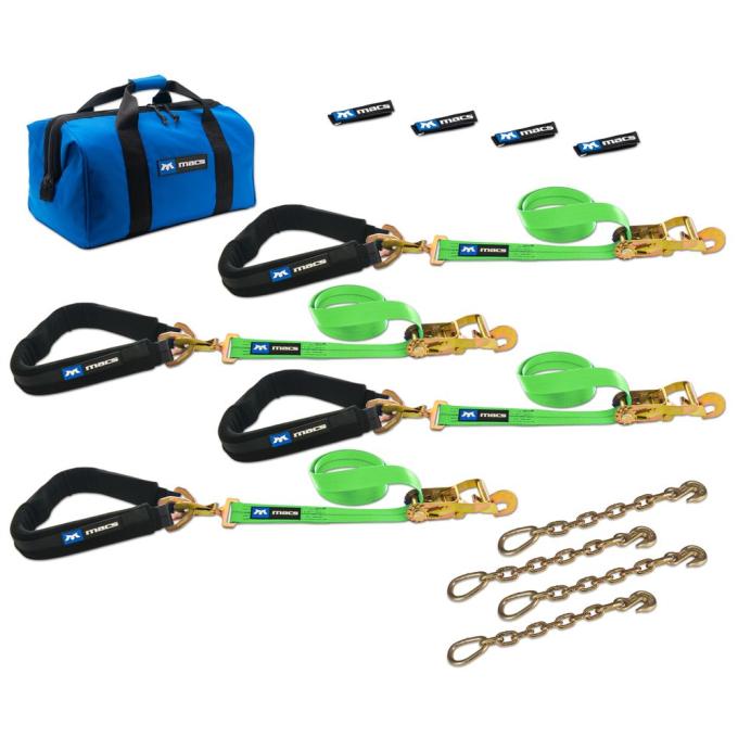 Race Ramps 2 x 8 Pro Pack Premium Tie-Down Strap Kit with 40 Axle Strap, Direct Hook Ends & Chain Extensions - Lime Green 515659