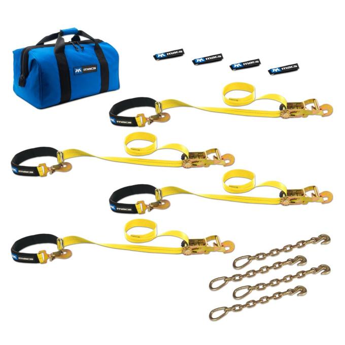 Race Ramps 2 x 8 Super Pack Tie-Down Strap Kit with Integrated Axle Straps, Direct Hook Ends & Chain Extensions - Yellow 514128
