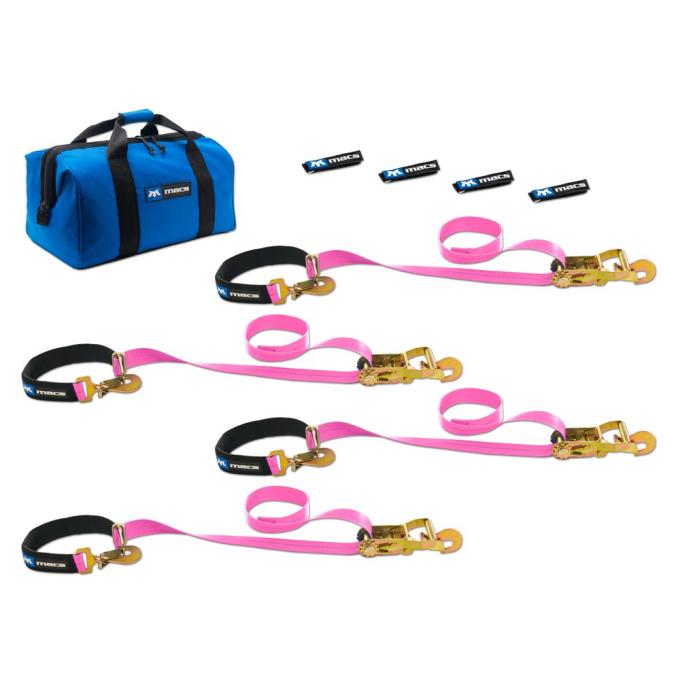 Race Ramps 2 x 8 Super Pack Tie-Down Strap Kit with Integrated Axle Straps, Direct Hook Ends - Pink 519118