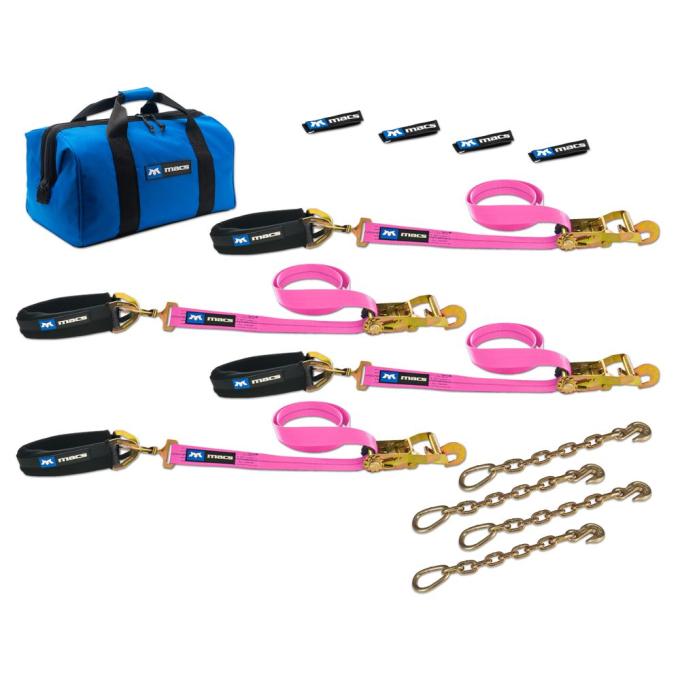 Race Ramps 2 x 6 Pro Pack Premium Tie-Down Strap Kit with 24 Axle Strap, Direct Hook Ends & Chain Extensions - Pink 519617