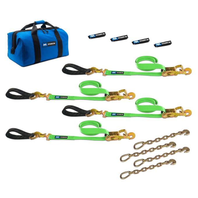 Race Ramps 2 x 8 Ultra Pack Tie-Down Straps with Detachable Axle Straps, Direct Hook Ends & Chain Extensions - Lime Green 515228