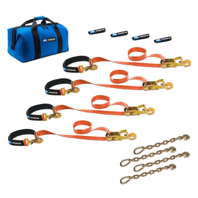Race Ramps 2 x 8 Super Pack Tie-Down Strap Kit with Integrated Axle Straps, Direct Hook Ends & Chain Extensions - Orange 518128