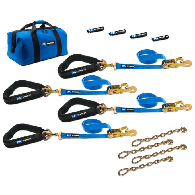 Race Ramps 2 x 8 Pro Pack Premium Tie-Down Strap Kit with 40 Axle Strap, Direct Hook Ends & Chain Extensions - Blue 512660