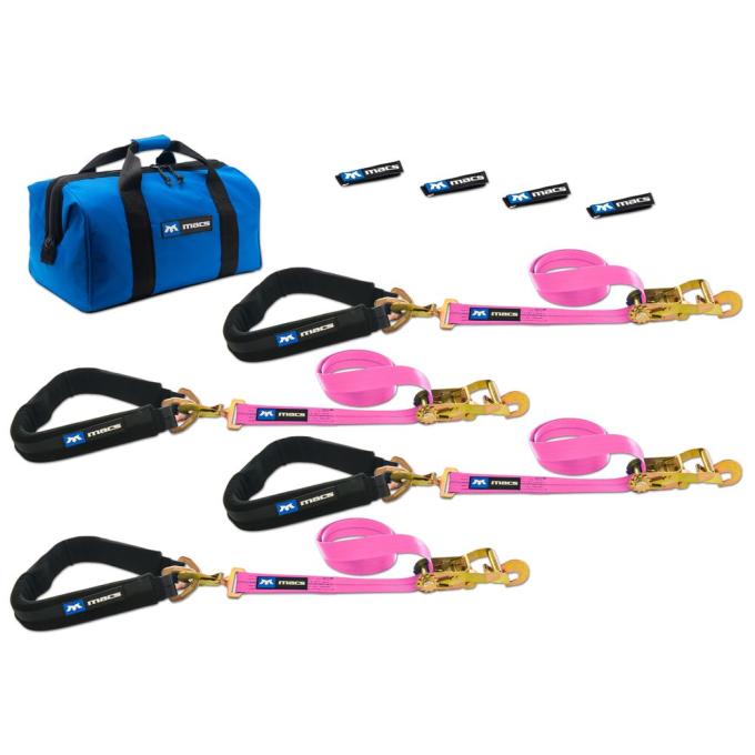 Race Ramps 2 x 8 Pro Pack Premium Tie-Down Strap Kit with 40 Axle Strap, Direct Hook Ends - Pink 519658