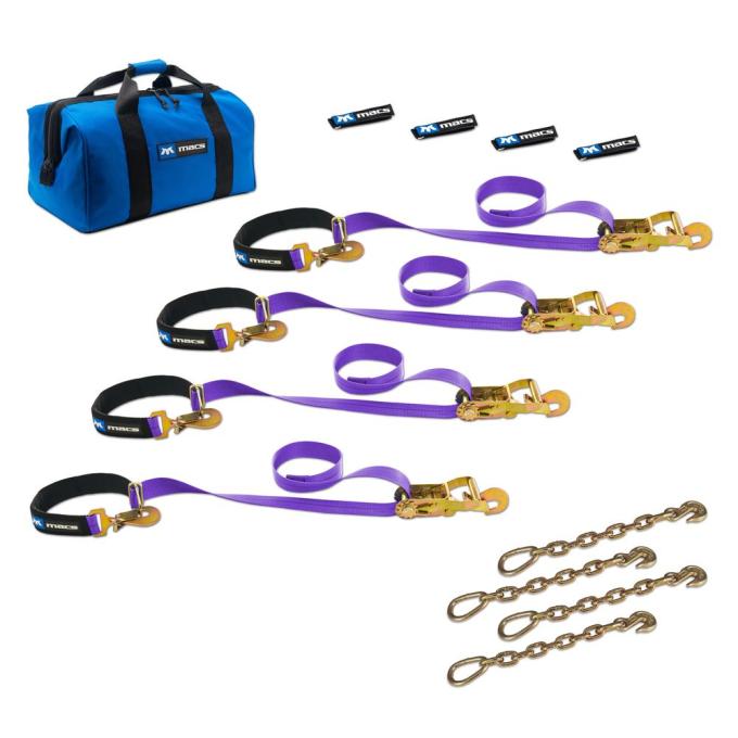 Race Ramps 2 x 6 Super Pack Tie-Down Strap Kit with Integrated Axle Straps, Direct Hook Ends & Chain Extension Ends - Purple 516126