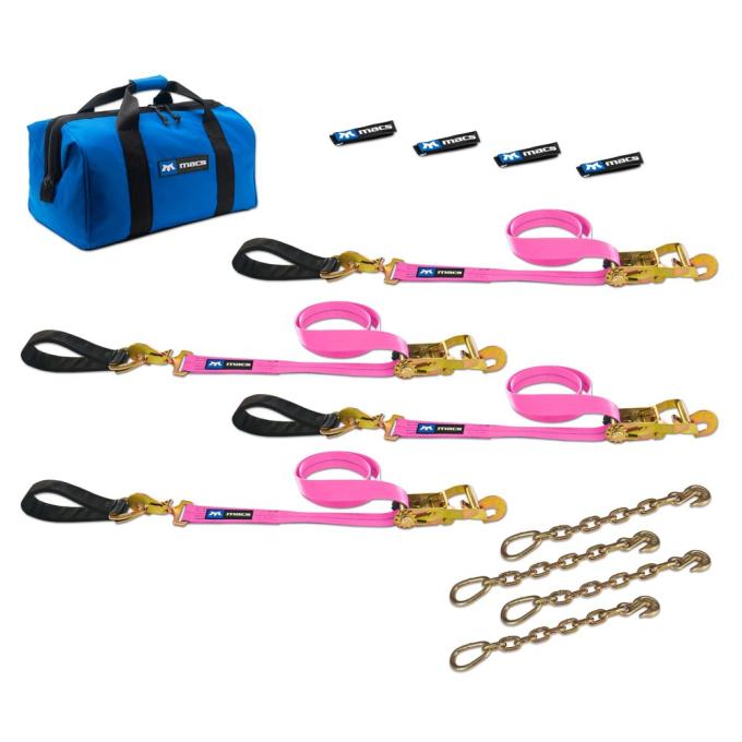 Race Ramps 2 x 10 Ultra Pack Tie-Down Straps with Detachable Axle Straps, Direct Hook Ends & Chain Extensions - Pink 519220