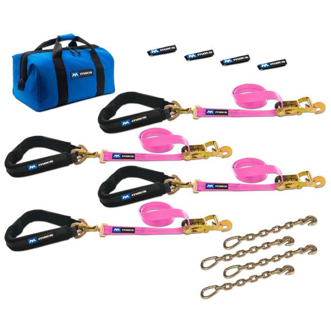 Race Ramps 2 x 8 Pro Pack Premium Tie-Down Strap Kit with 40 Axle Strap, Direct Hook Ends & Chain Extensions - Pink 519659