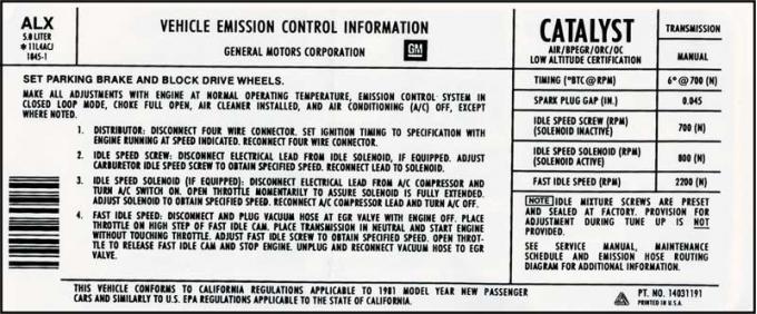 1981 Camaro Z28 350CI with Manual Transmission Emissions Decal (Code "ALX")