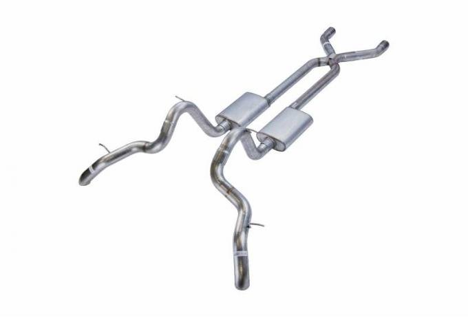 Pypes Crossmember Back w/X-Pipe Exhaust System 70-81 Camaro/Firebird Split Rear Dual Exit Hardware/4.5 in Black Tips Included Black Finish 409 Stainless Steel Exhaust SGF15