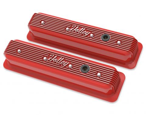 Holley Vintage Finned Valve Cover, "" Script, SBC, Center Bolt, Gloss Red Machined 241-250