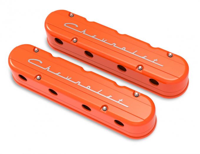 Holley 2-Piece "Chevrolet" Script Valve Cover, Gen III/IV LS, Factory Orange Machined 241-178