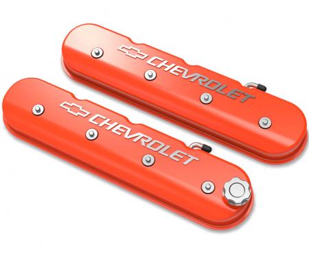 Holley Tall LS Valve Cover with Bowtie/Chevrolet Logo, Factory Orange Machined Finish 241-403