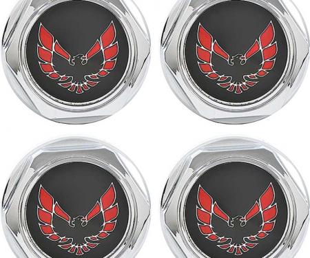 OER 1977-81 Firebird - Wheel Center Caps Chrome with Red Bird Emblem and Metal Clips - Set of 4 748665