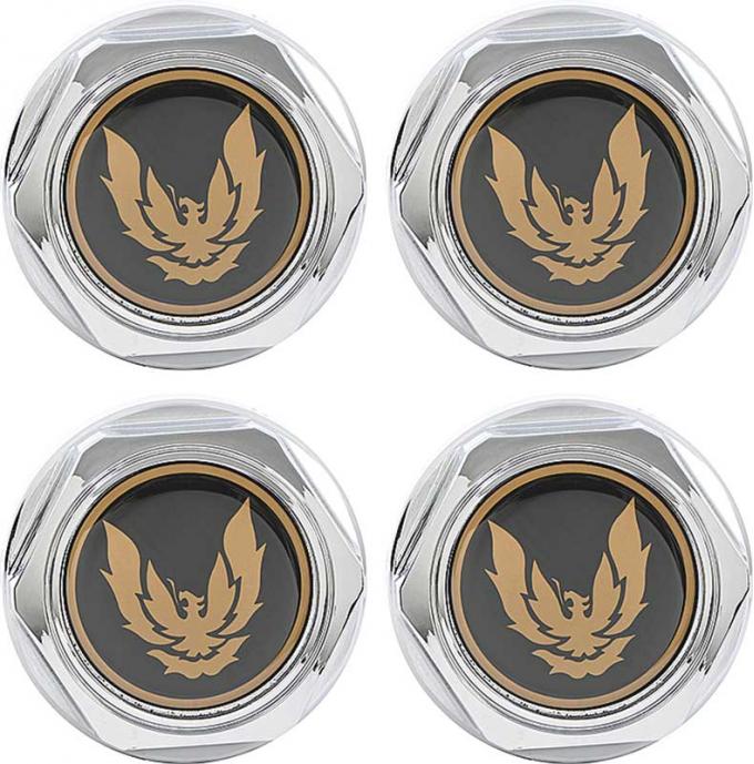 1988-92 Firebird, GTA, Chrome Alloy Wheel Center Cap & Emblem Set, with Gold Bird, w/o Metal Retainer, 4 Piece Set