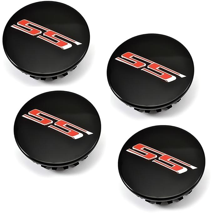 2016-24 Camaro SS, Wheel Center Cap Set, 68mm 2-5/8" Diameter, Casting # 9595010, Black Cap with Red SS Logo, 4 Piece Set