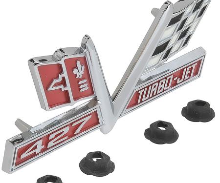 OER 1966-67 Impala, Bel Air, Biscayne, Caprice, "427 Turbo Jet" Front Fender Emblem, Each, GM Licensed 3878607
