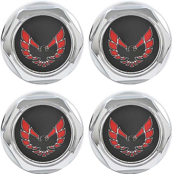 OER 1977-81 Firebird - Wheel Center Caps Chrome with Red Bird Emblem and Metal Clips - Set of 4 748665