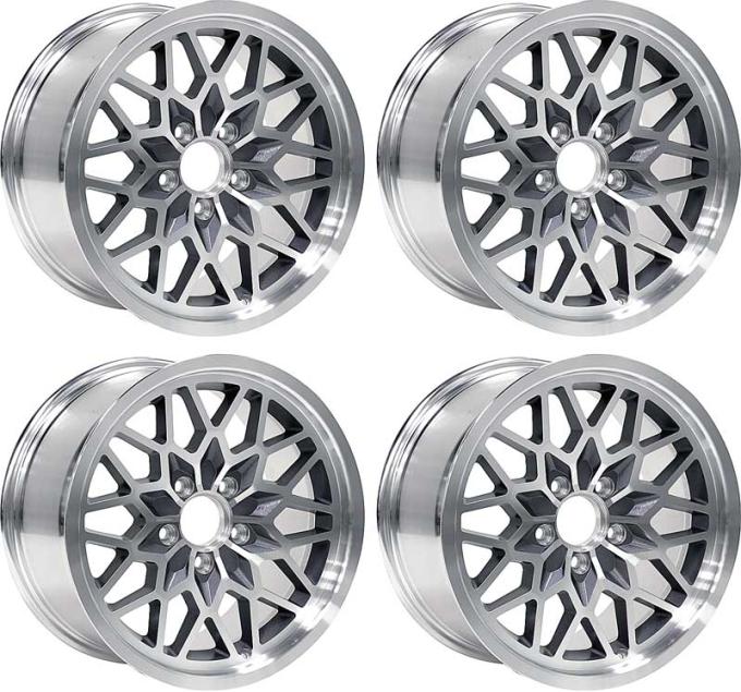 1970-81 Pontiac Trans Am, Snowflake Wheel, 17" X 9", 5 x 4-3/4" Lug Pattern, 5-1/8" Backspacing, Gunmetal Gray, Set of 4 Wheels