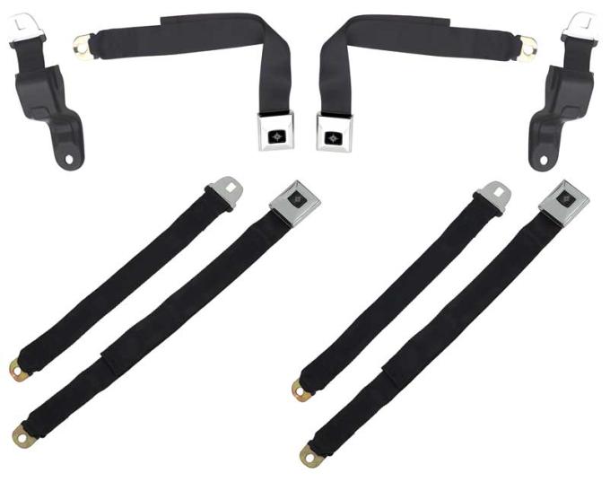 1968-69 Camaro / Firebird, Retractable Seat Belt Set, Deluxe Interior, Black with Chrome Latches, 4-Piece Set