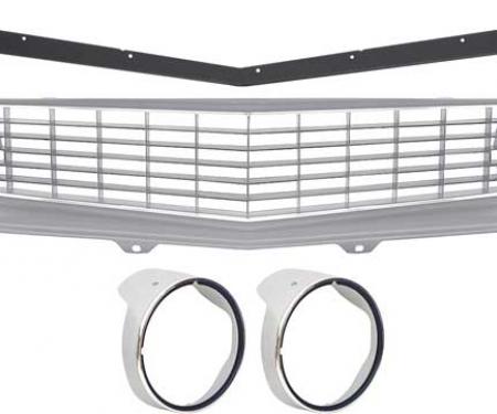 OER 1969 Camaro Standard, Full Grill Kit, Silver Headlamp Bezels, With Chrome Rings, Silver Grill *R5028H
