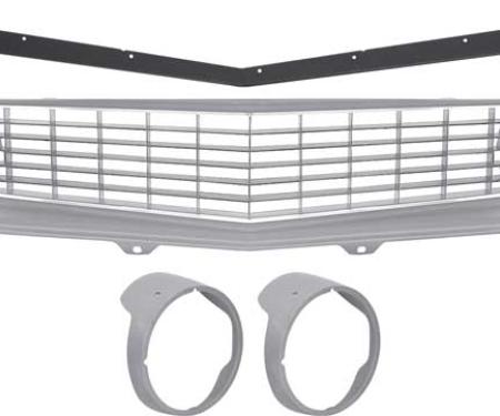 1969 Camaro Standard, Full Grill Kit, Unpainted Headlamp Bezels, Without Chrome Rings, Silver Grill
