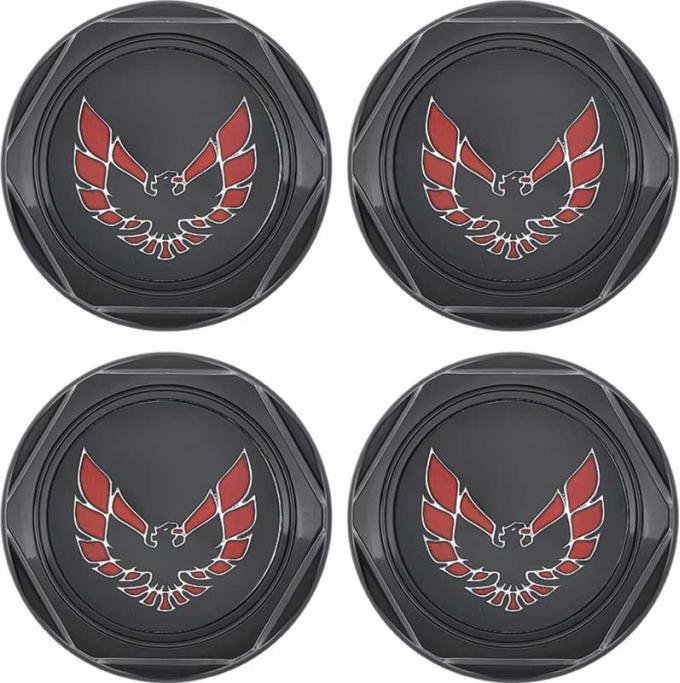 1977-81 Firebird - Wheel Center Cap Set - Gloss Black w/ Early Red Bird Logo w/o Metal Clips (4 pc)