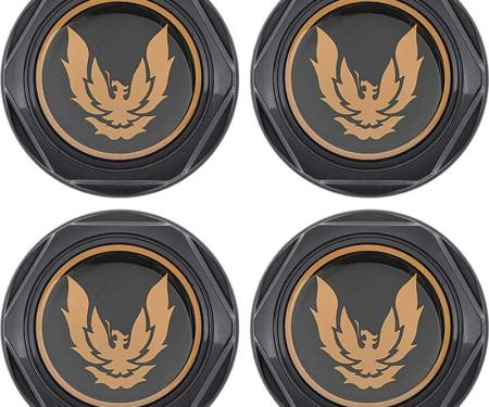 1982-92 Firebird Trans Am, WS6 Wheel Center Cap Set, Black with Gold Emblem, Metal Retaining Clips, Set of 4