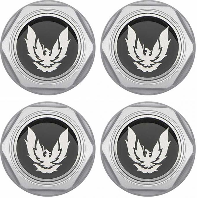 1982-92 Pontiac Firebird Trans Am, Formula, Wheel Center Cap Set, Chrome, with Silver Bird Emblem, Metal Retaining Clips, 4 Piece Set
