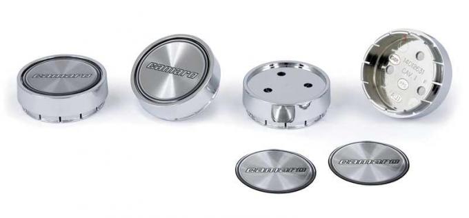 1982-92 Camaro Z28, N90 Wheel Center Cap Set, with Black & Silver Camaro, with Metal Retainer, 4 Piece Set