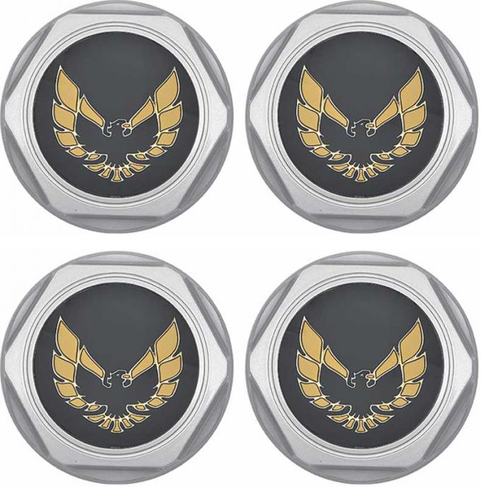 1977-81 Pontiac Firebird, Wheel Center Cap Set, Chrome, with Gold Bird Emblem, Metal Retaining Clips, 4 Piece Set