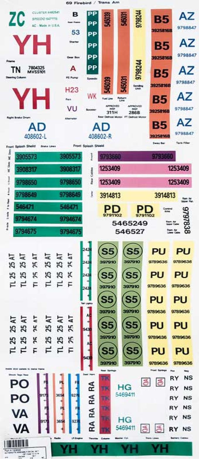 OER 1969 Firebird, Trans AM, Assembly Line Factory Decal Set 153008