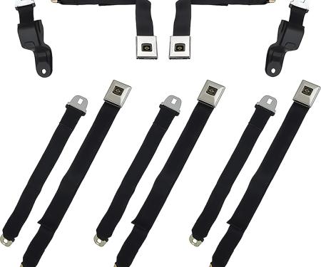 OER 1967 Camaro/Firebird, Retractable Seat Belt Set, Deluxe Interior, Gold Starburst Button, Black Belts, 5-Piece Set *R193