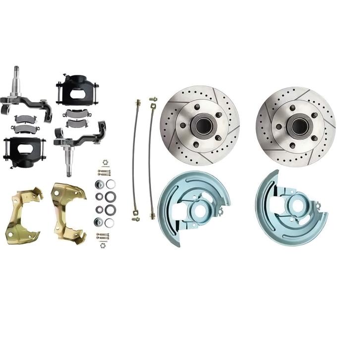 1964-74 GM A, F, X-Body, Front Disc Brake Kit, Drilled/Slotted Rotors, Large 7" GM Single Piston Black Calipers, With D52 Brake Pads