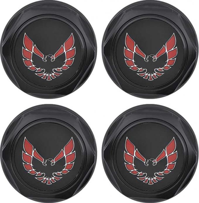 1977-81 Firebird - Wheel Center Cap Set - Flat Black w/ Early Red Bird Logo w/o Metal Clips (4 pc)