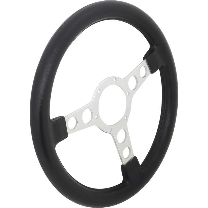 OER 1969-76 Firebird Formula, 1970-72 GTO, Lemans, Tempest, Steering Wheel, 3-7/8" Black Molded Grips, Silver Anodized Spokes A8100303